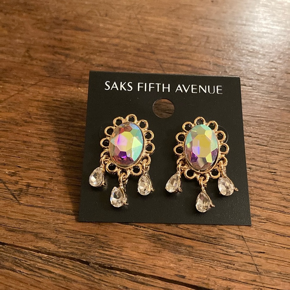 Saks Fifth Avenue Oval Crystal & Rhinestone Teardrop Dangle Earrings NWT
